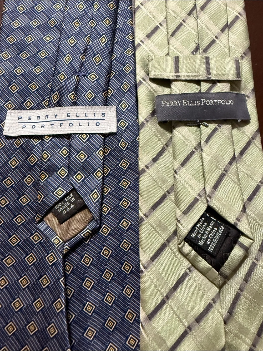 Perry Ellis Blue Geometric & Light Green Plaid Silk Ties